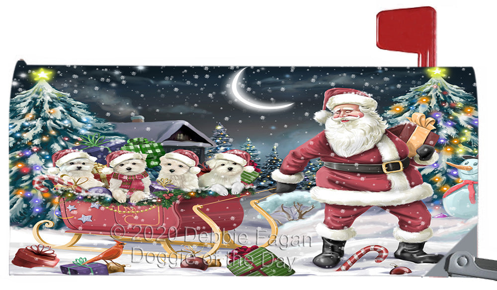 Christmas Santa Sled Maltese Dogs Magnetic Mailbox Cover Both Sides Pet Theme Printed Decorative Letter Box Wrap Case Postbox Thick Magnetic Vinyl Material