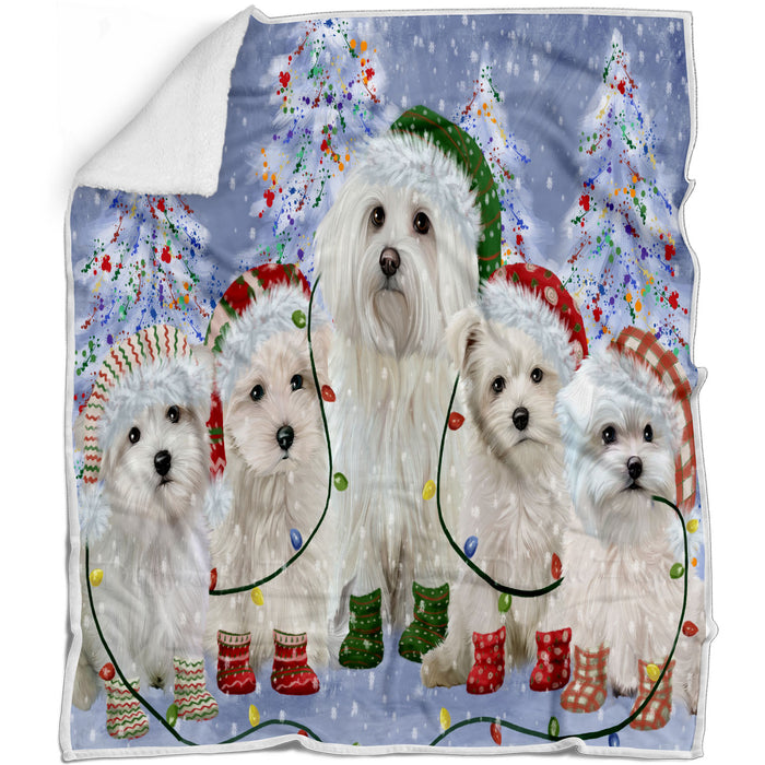 Christmas Lights and Maltese Dogs Blanket - Lightweight Soft Cozy and Durable Bed Blanket - Animal Theme Fuzzy Blanket for Sofa Couch