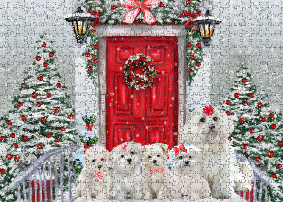 Christmas Holiday Welcome Maltese Dogs Portrait Jigsaw Puzzle for Adults Animal Interlocking Puzzle Game Unique Gift for Dog Lover's with Metal Tin Box