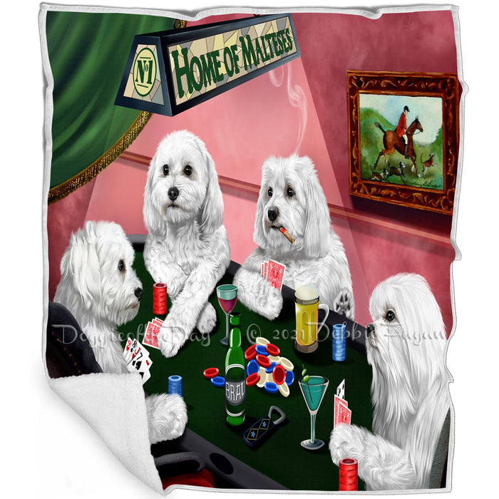 Home of Maltese 4 Dogs Playing Poker Blanket