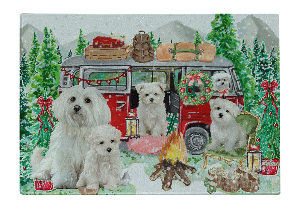 Christmas Time Camping with Maltese Dogs Cutting Board - For Kitchen - Scratch & Stain Resistant - Designed To Stay In Place - Easy To Clean By Hand - Perfect for Chopping Meats, Vegetables