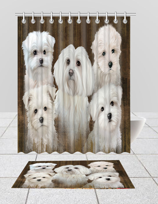Rustic Maltese Dogs  Bath Mat and Shower Curtain Combo