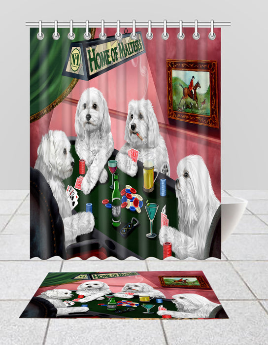 Home of  Maltese Dogs Playing Poker Bath Mat and Shower Curtain Combo