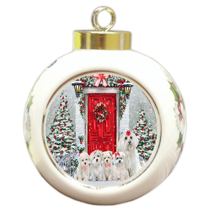 Christmas Holiday Welcome Maltese Dogs Round Ball Christmas Ornament Pet Decorative Hanging Ornaments for Christmas X-mas Tree Decorations - 3" Round Ceramic Ornament