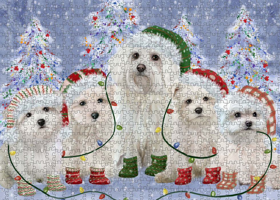 Christmas Lights and Maltese Dogs Portrait Jigsaw Puzzle for Adults Animal Interlocking Puzzle Game Unique Gift for Dog Lover's with Metal Tin Box