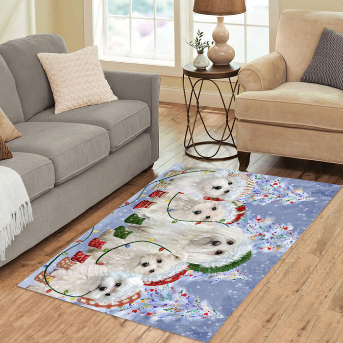 Christmas Lights and Maltese Dogs Area Rug - Ultra Soft Cute Pet Printed Unique Style Floor Living Room Carpet Decorative Rug for Indoor Gift for Pet Lovers
