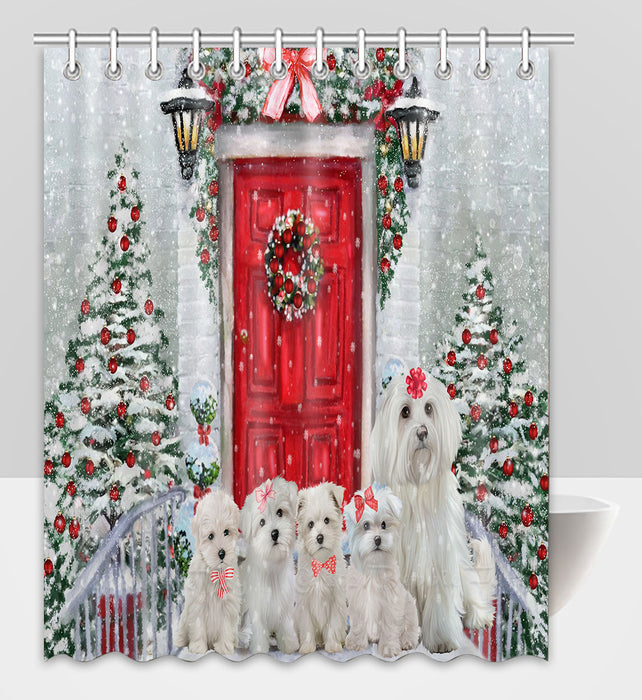 Christmas Holiday Welcome Maltese Dogs Shower Curtain Pet Painting Bathtub Curtain Waterproof Polyester One-Side Printing Decor Bath Tub Curtain for Bathroom with Hooks