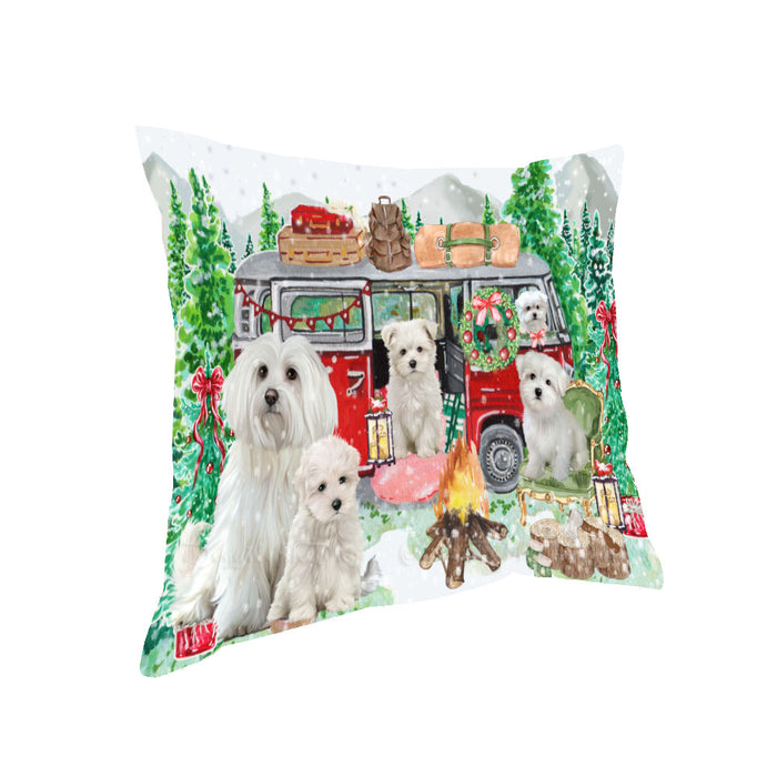 Christmas Time Camping with Maltese Dogs Pillow with Top Quality High-Resolution Images - Ultra Soft Pet Pillows for Sleeping - Reversible & Comfort - Ideal Gift for Dog Lover - Cushion for Sofa Couch Bed - 100% Polyester