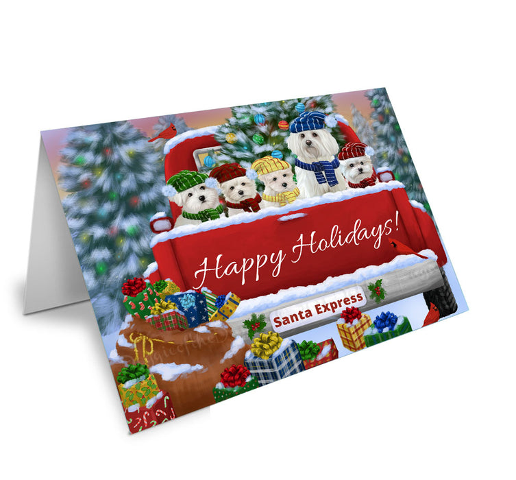 Christmas Red Truck Travlin Home for the Holidays Maltese Dogs Handmade Artwork Assorted Pets Greeting Cards and Note Cards with Envelopes for All Occasions and Holiday Seasons