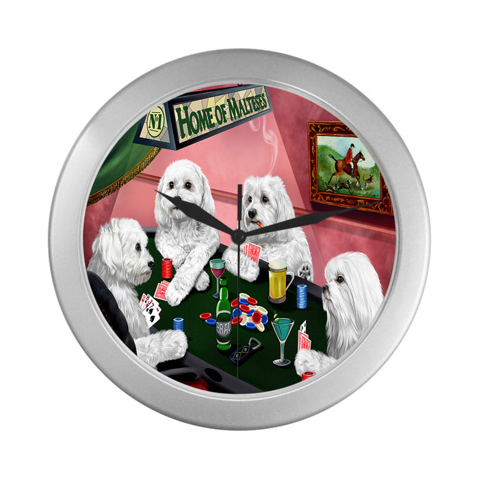 Home of Maltese Dogs Playing Poker Silver Wall Clocks