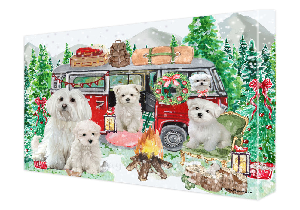 Christmas Time Camping with Maltese Dogs Canvas Wall Art - Premium Quality Ready to Hang Room Decor Wall Art Canvas - Unique Animal Printed Digital Painting for Decoration
