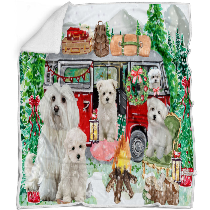 Christmas Time Camping with Maltese Dogs Blanket - Lightweight Soft Cozy and Durable Bed Blanket - Animal Theme Fuzzy Blanket for Sofa Couch