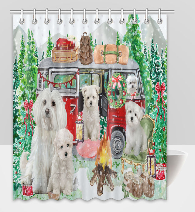 Christmas Time Camping with Maltese Dogs Shower Curtain Pet Painting Bathtub Curtain Waterproof Polyester One-Side Printing Decor Bath Tub Curtain for Bathroom with Hooks