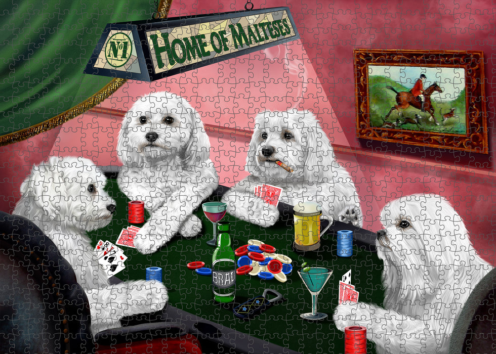 Home of Poker Playing Maltese Dogs Portrait Jigsaw Puzzle for Adults Animal Interlocking Puzzle Game Unique Gift for Dog Lover's with Metal Tin Box