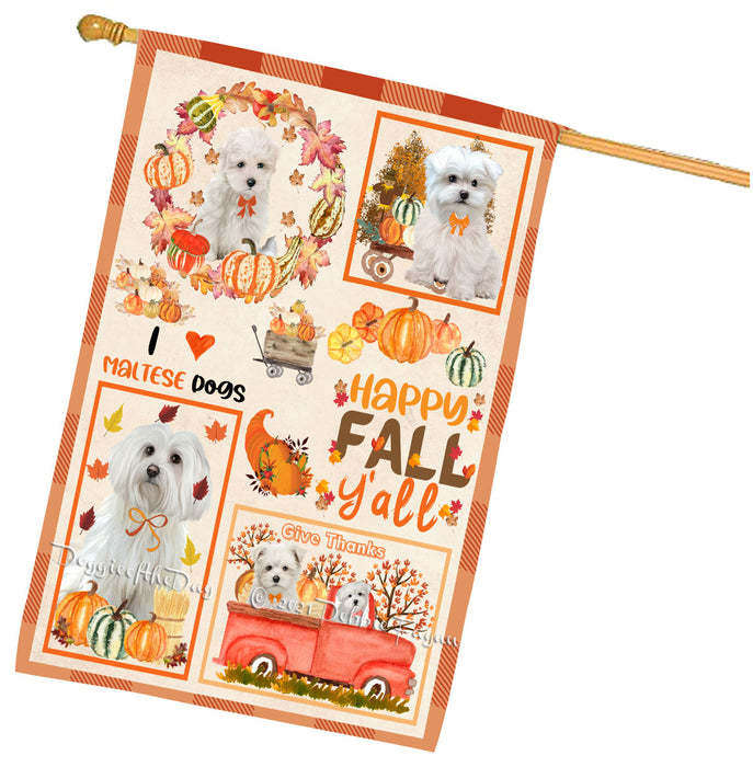 Happy Fall Y'all Pumpkin Maltese Dogs House Flag Outdoor Decorative Double Sided Pet Portrait Weather Resistant Premium Quality Animal Printed Home Decorative Flags 100% Polyester