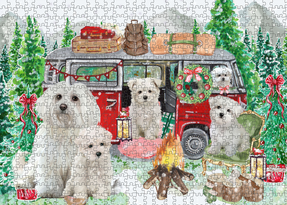 Christmas Time Camping with Maltese Dogs Portrait Jigsaw Puzzle for Adults Animal Interlocking Puzzle Game Unique Gift for Dog Lover's with Metal Tin Box