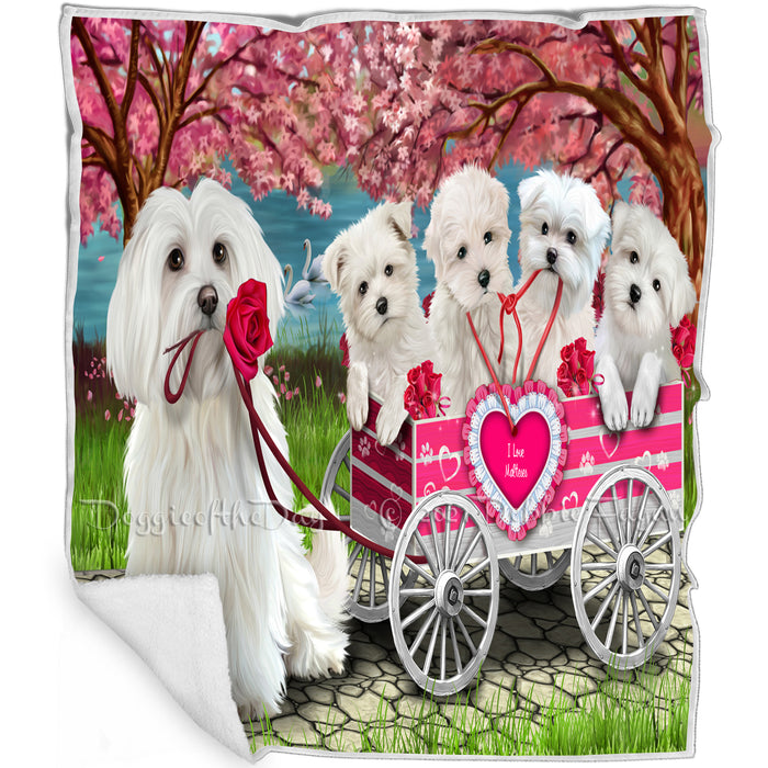I Love Maltese Dogs in a Cart Art Portrait Print Woven Throw Sherpa Plush Fleece Blanket