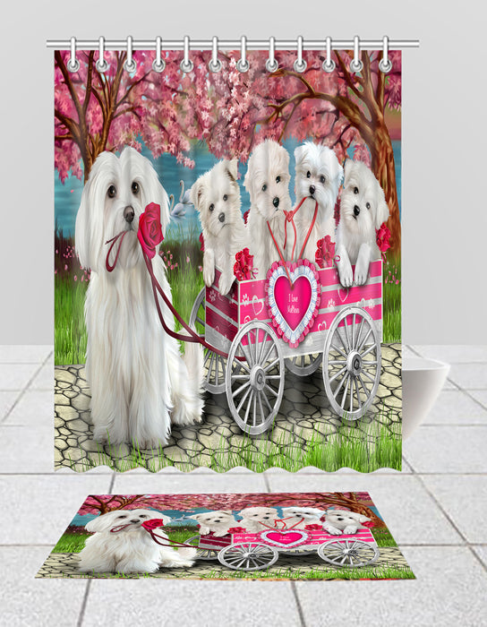 I Love Maltese Dogs in a Cart Bath Mat and Shower Curtain Combo