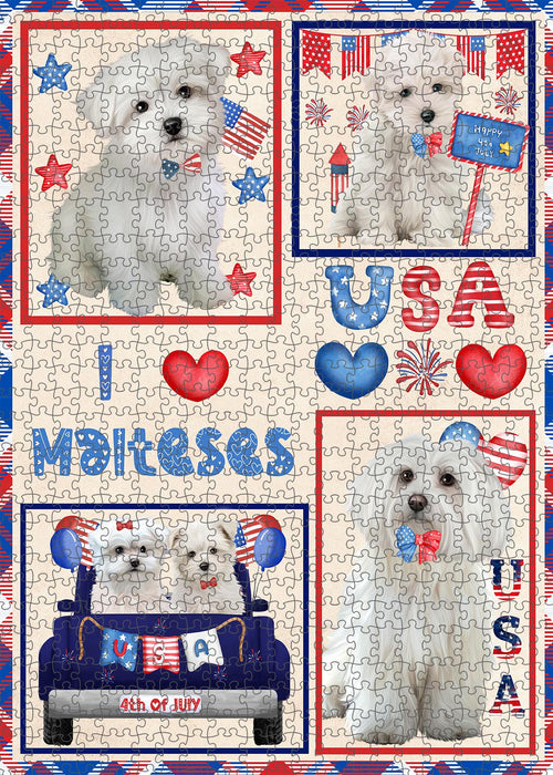 4th of July Independence Day I Love USA Maltese Dogs Portrait Jigsaw Puzzle for Adults Animal Interlocking Puzzle Game Unique Gift for Dog Lover's with Metal Tin Box