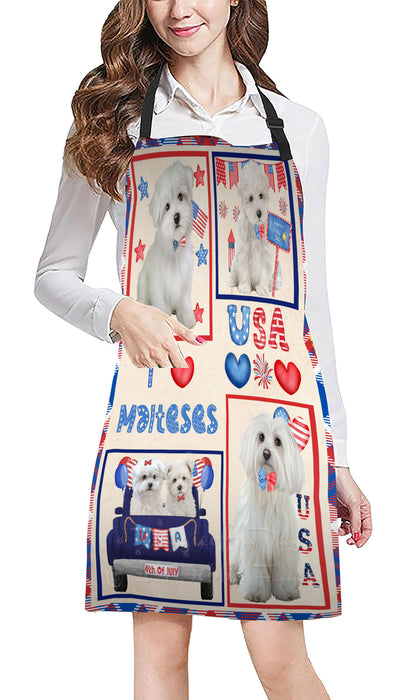 4th of July Independence Day I Love USA Maltese Dogs Apron - Adjustable Long Neck Bib for Adults - Waterproof Polyester Fabric With 2 Pockets - Chef Apron for Cooking, Dish Washing, Gardening, and Pet Grooming