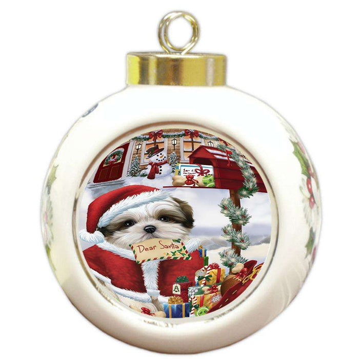 Malti Tzu Dog Dear Santa Letter Christmas Holiday Mailbox Round Ball Christmas Ornament RBPOR53547
