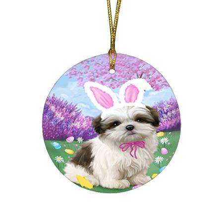 Malti Tzu Dog Easter Holiday Round Flat Christmas Ornament RFPOR49179