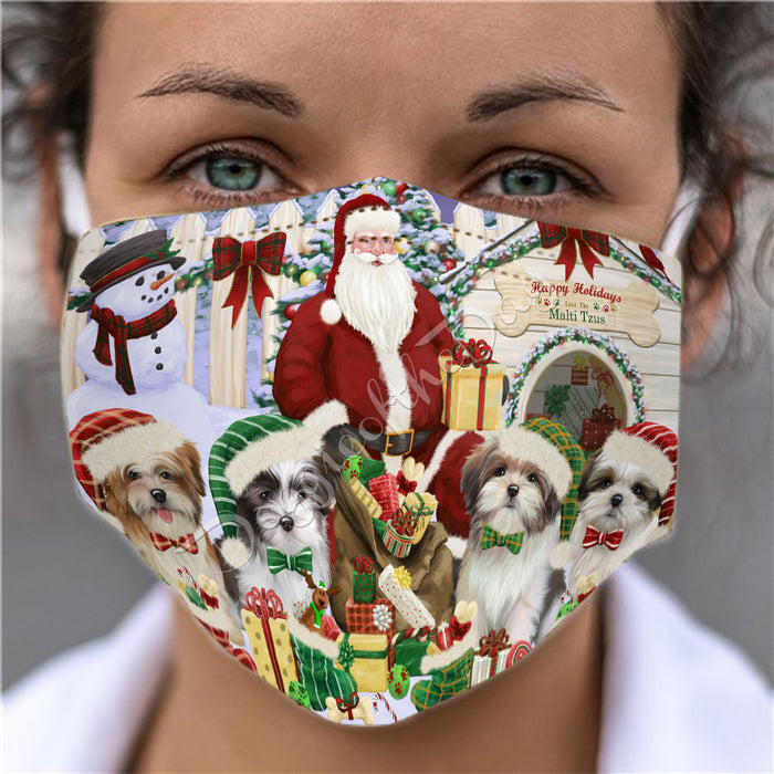 Happy Holidays Christmas Malti Tzu Dogs House Gathering Face Mask FM48264
