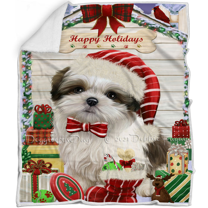 Happy Holidays Christmas Malti Tzu Dog House With Presents Blanket BLNKT85719