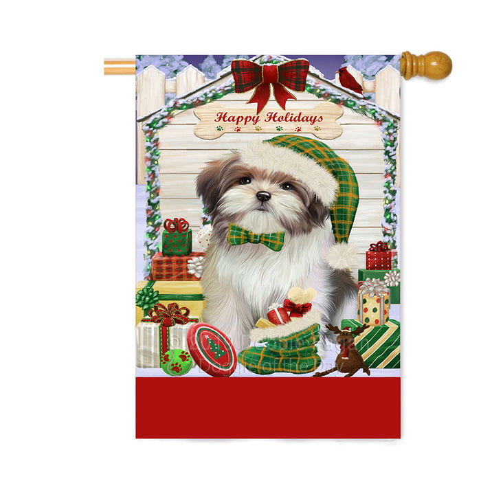 Personalized Happy Holidays Christmas Malti Tzu Dog House with Presents Custom House Flag FLG-DOTD-A59394