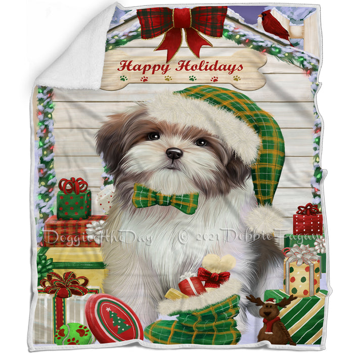 Happy Holidays Christmas Malti Tzu Dog House With Presents Blanket BLNKT85692