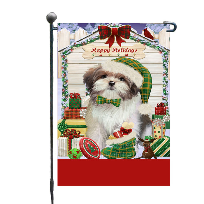 Personalized Happy Holidays Christmas Malti Tzu Dog House with Presents Custom Garden Flags GFLG-DOTD-A59338