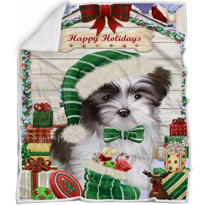 Happy Holidays Christmas Malti Tzu Dog House With Presents Blanket BLNKT85701
