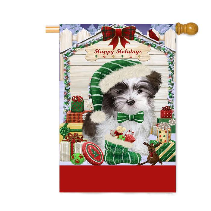 Personalized Happy Holidays Christmas Malti Tzu Dog House with Presents Custom House Flag FLG-DOTD-A59395