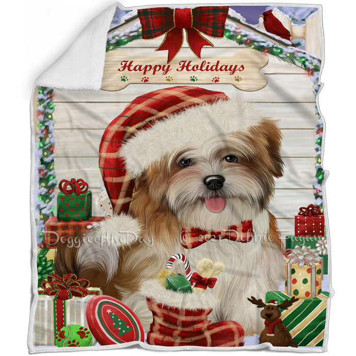 Happy Holidays Christmas Malti Tzu Dog House With Presents Blanket BLNKT85710