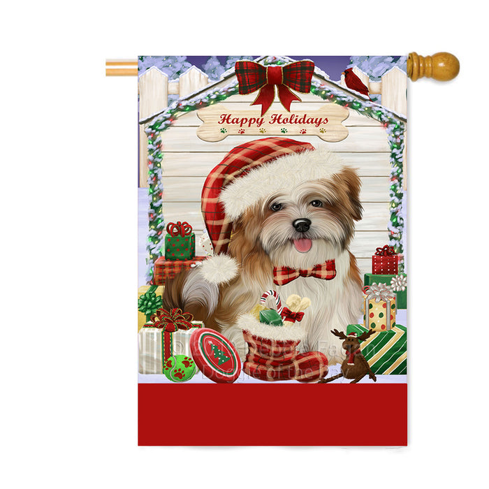 Personalized Happy Holidays Christmas Malti Tzu Dog House with Presents Custom House Flag FLG-DOTD-A59396