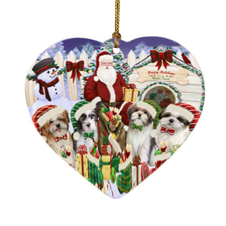 Happy Holidays Christmas Malti Tzus Dog House Gathering Heart Christmas Ornament HPORA58507