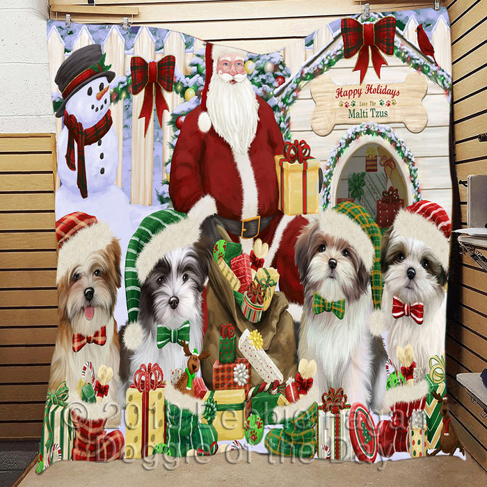 Happy Holidays Christmas Malti Tzu Dogs House Gathering Quilt