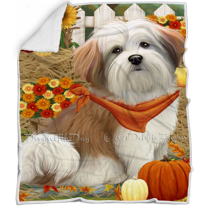 Fall Autumn Greeting Malti Tzu Dog with Pumpkins Blanket BLNKT73101
