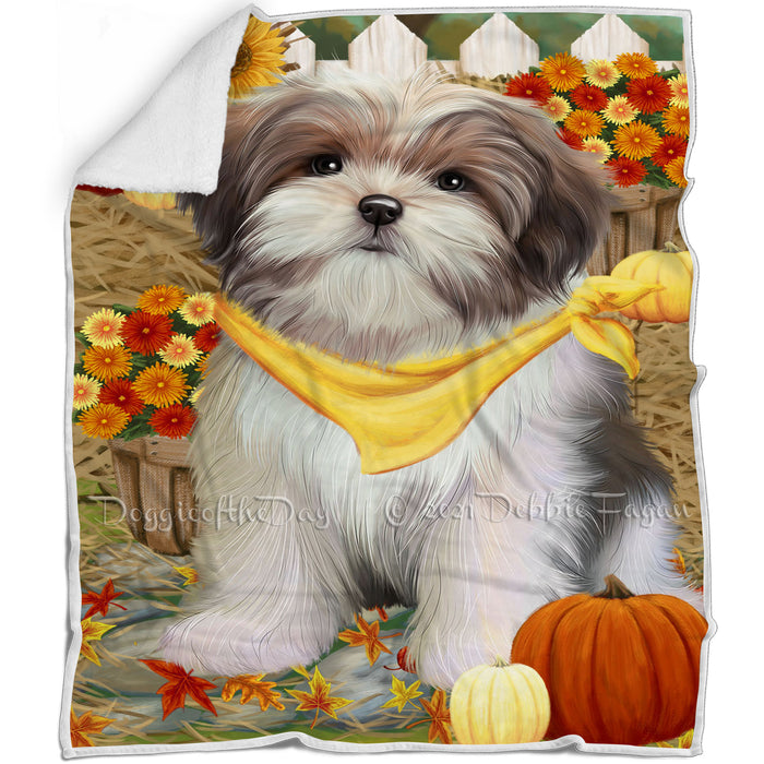 Fall Autumn Greeting Malti Tzu Dog with Pumpkins Blanket BLNKT73110