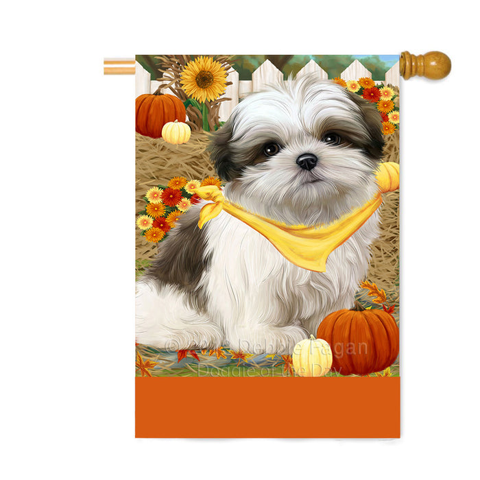 Personalized Fall Autumn Greeting Malti Tzu Dog with Pumpkins Custom House Flag FLG-DOTD-A62036