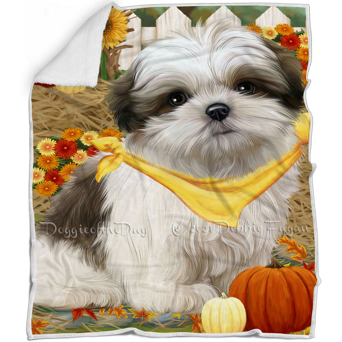 Fall Autumn Greeting Malti Tzu Dog with Pumpkins Blanket BLNKT73137