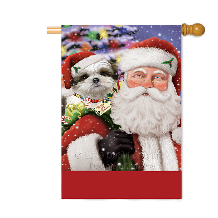 Personalized Santa Carrying Malti Tzu Dog and Christmas Presents Custom House Flag FLG-DOTD-A63486