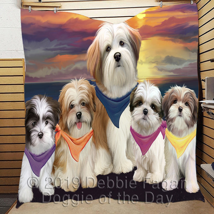 Family Sunset Portrait Malti Tzu Dogs Quilt