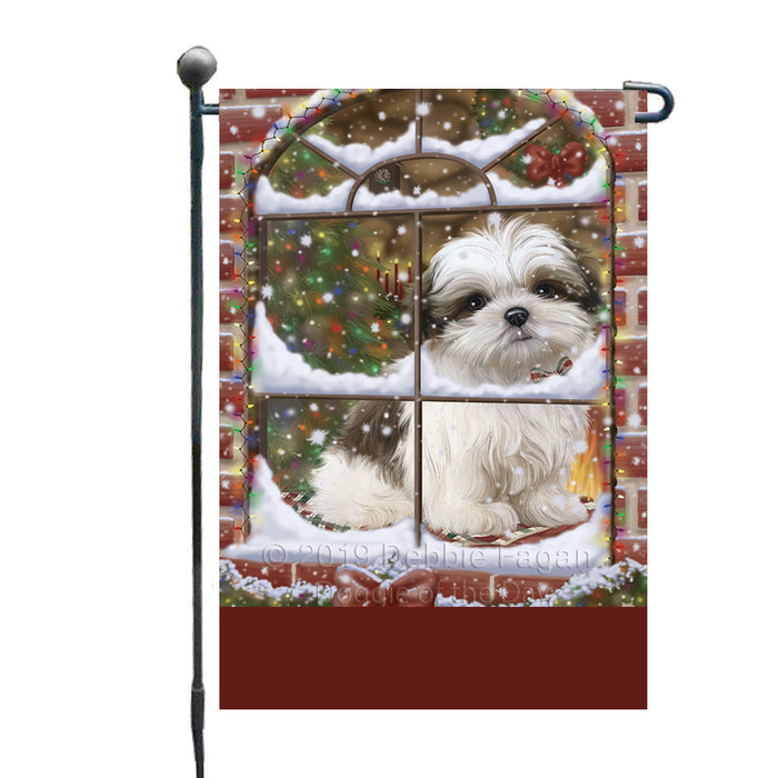 Personalized Please Come Home For Christmas Malti Tzu Dog Sitting In Window Custom Garden Flags GFLG-DOTD-A60180