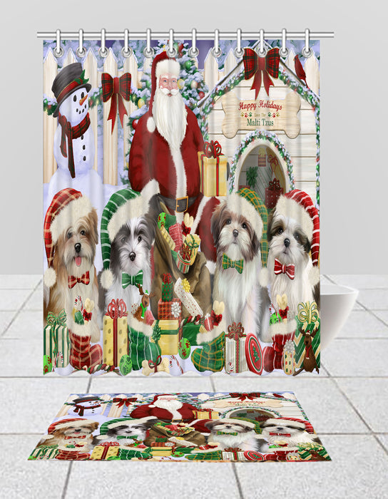 Happy Holidays Christmas Malti Tzu Dogs House Gathering Bath Mat and Shower Curtain Combo