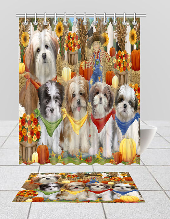 Fall Festive Harvest Time Gathering Malti Tzu Dogs Bath Mat and Shower Curtain Combo