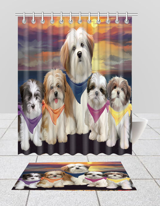 Family Sunset Portrait Malti Tzu Dogs Bath Mat and Shower Curtain Combo