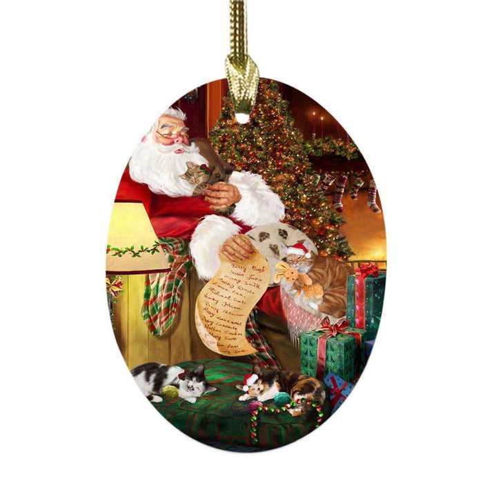 Manx Cats and Kittens Sleeping with Santa Oval Glass Christmas Ornament OGOR49296