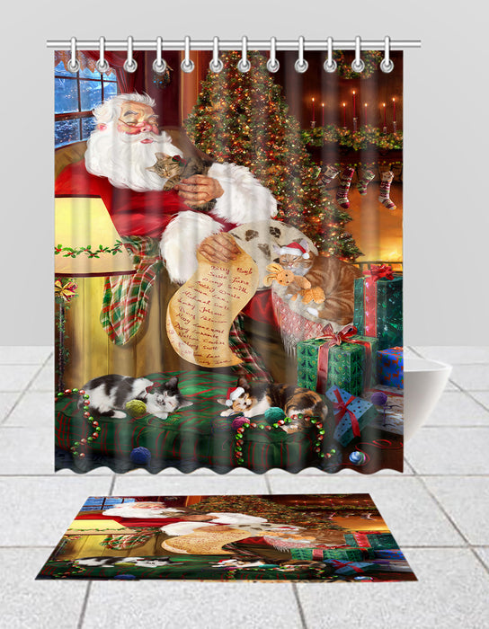 Santa Sleeping with Manx Cats  Bath Mat and Shower Curtain Combo