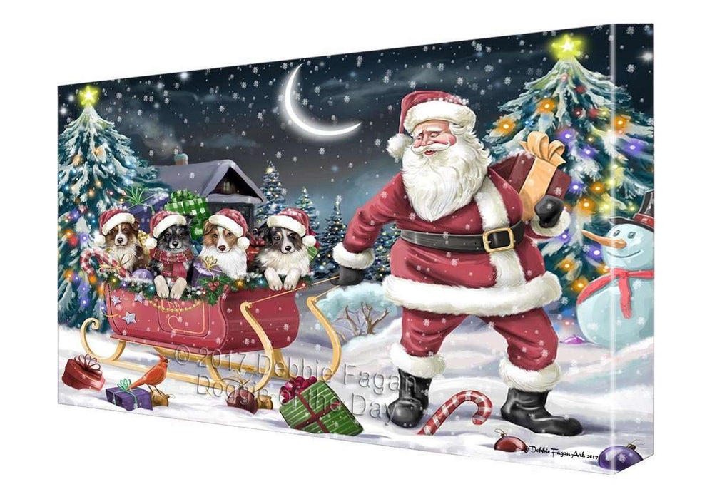 Merry Christmas Happy Holiday Santa Sled Australian Shepherd Dogs Canvas Wall Art D001